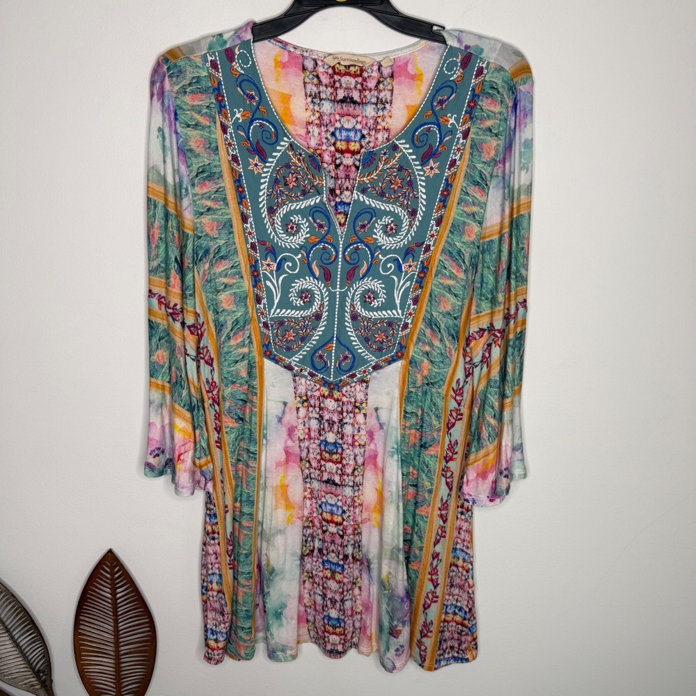 M2 Soft Surroundings Womens Medium Mixed Print Embroidered Tunic Top Bell Sleeve - Picture 2 of 6